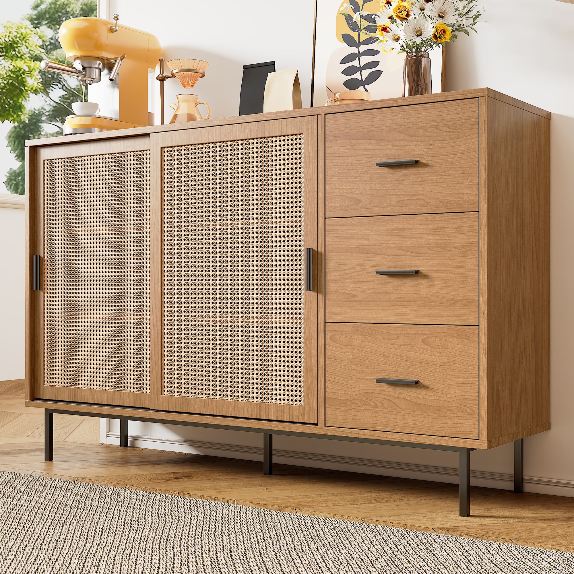 Credenza In Legno Scuro Con Ante Scorrevoli In Vero Rattan, 155x38x80 Cm, 3 Ante + 2 Cassetti, Traspirante E Robusta, Piedini In Legno Massiccio - 5