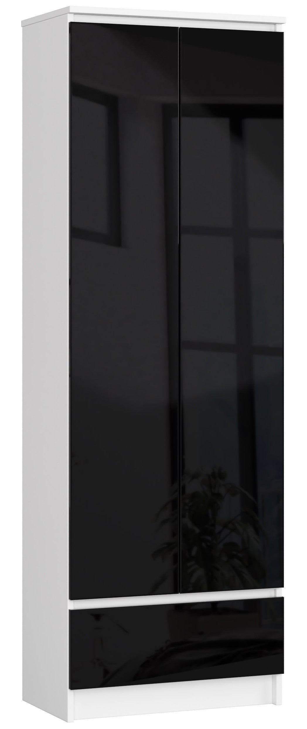 Regał AKORD R60 Biały 60 cm 2 drzwi 1 szuflada kolor Czarny Połysk 4 półki 60x35x180 cm