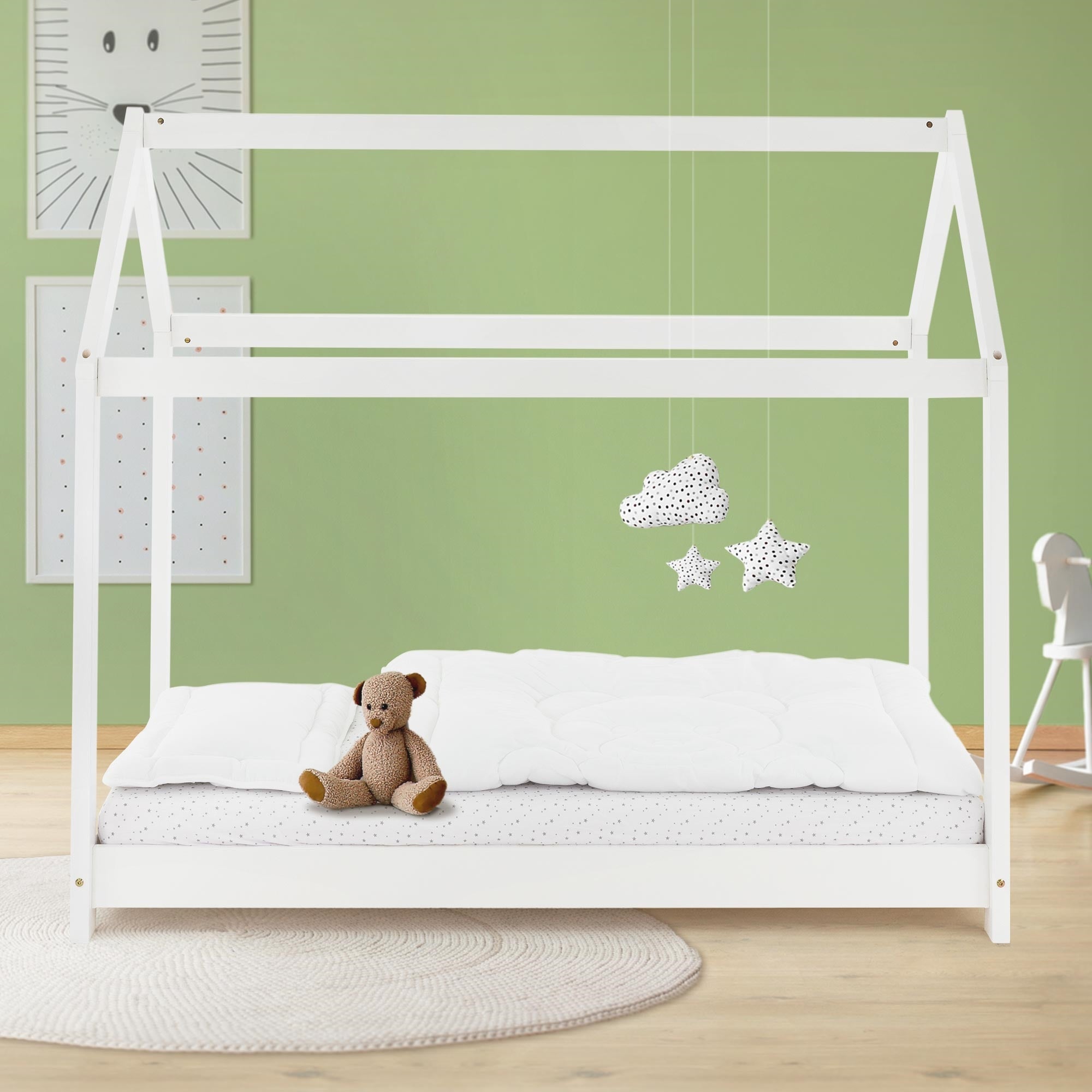 ML-Design łóżko domek 80x160 cm biały z dachem i stelażem listwowym z litego drewna sosnowego stabilne łóżko dziecięce dla chłopców i dziewczynek