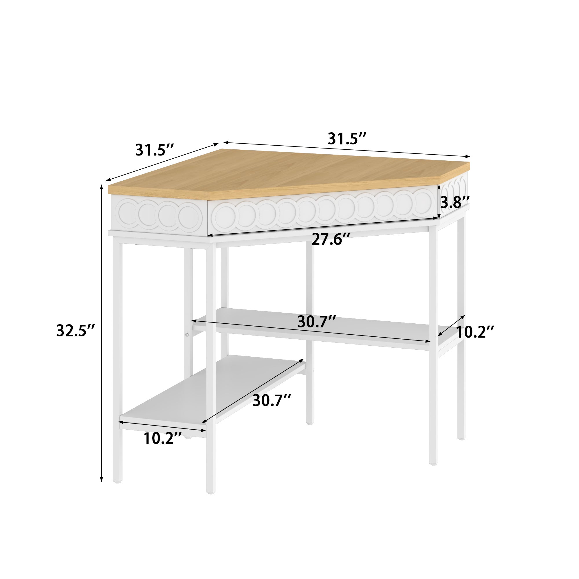 Bureau d’Angle Sculpté avec Tiroir Pivotant et étagères, Bureau Informatique avec Aspect du Bois et Pied en Métal, 80x80x82, Blanc - 2