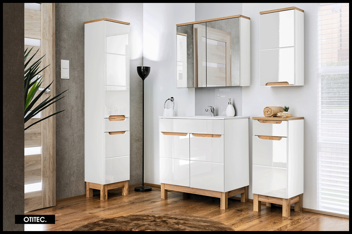 Meuble haut blanc et chêne pour rangement salle de bain Cambay - 2