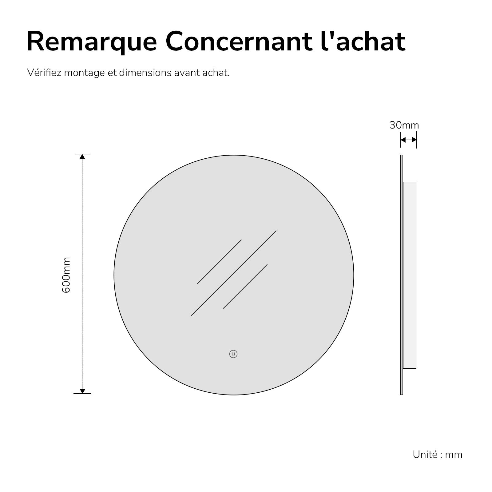 EMKE Miroir lumineux salle de bain rond diamètre 60cm, rétro-éclairage sans cadre, Miroir LED avec Interrupteur Tactile, Lumière Blanche Froide - 6