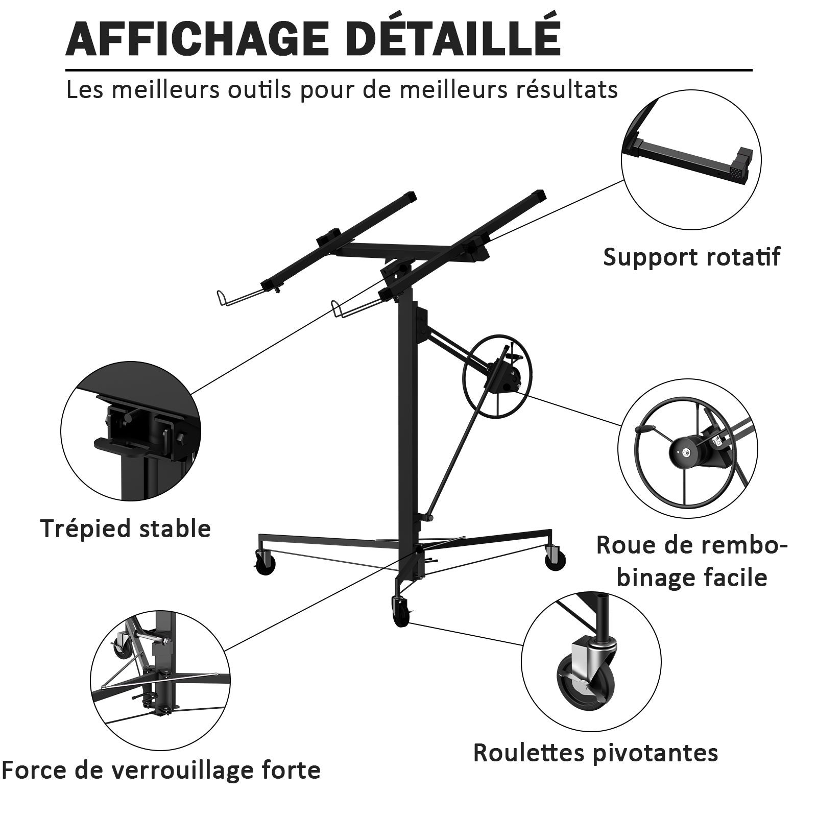 TEENO Grue à plaques de plâtre XXL – Charge maximale 68 kg, hauteur réglable 140–325 cm, couleur noire - 5