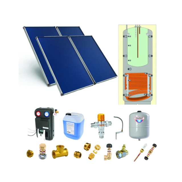 Chauffe-eau solaire toiture inclinée 4 capteurs solaires. ballon 600L production ECS bain-marie (146L)