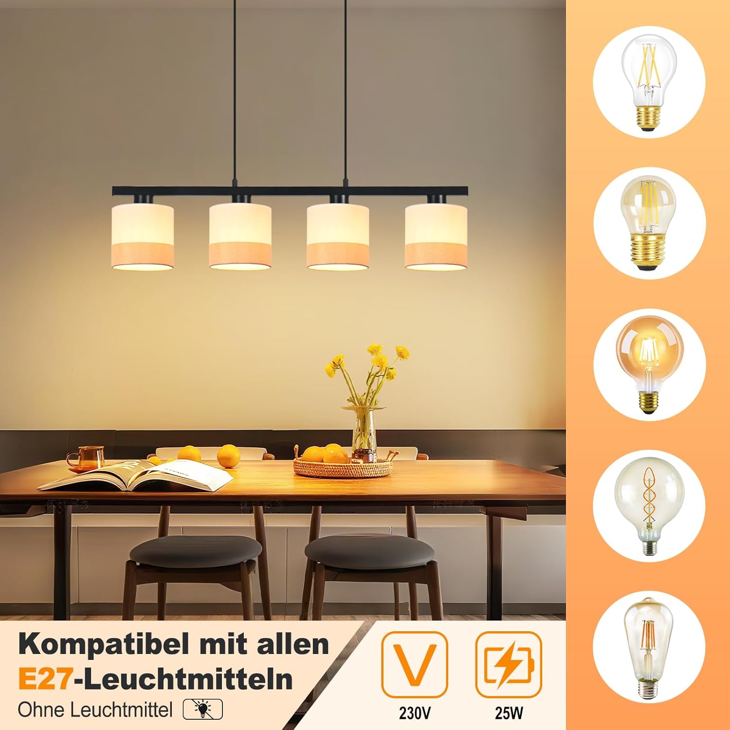 ZMH Lampa wisząca w stylu vintage w kolorze białym, 4 żarówki, gniazdo E27, regulowana wysokość, żarówka nie jest dołączona - 2