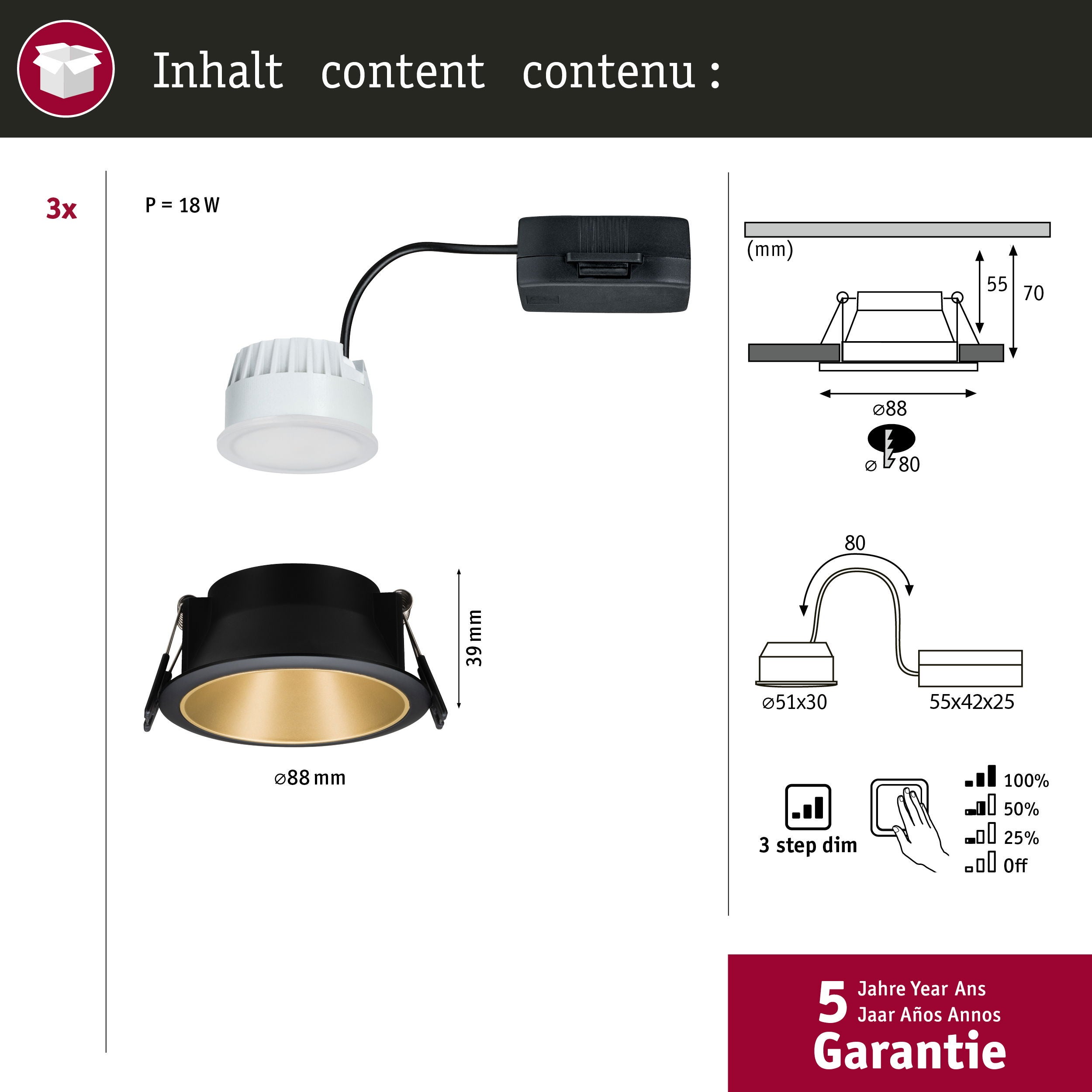 Spot encastré LED 3-Step-Dim Cole Coin Kit de 3 IP44 rond 88mm Coin 3x6W 3x470lm 230V gradable 2700K Noir#Doré mat - 4