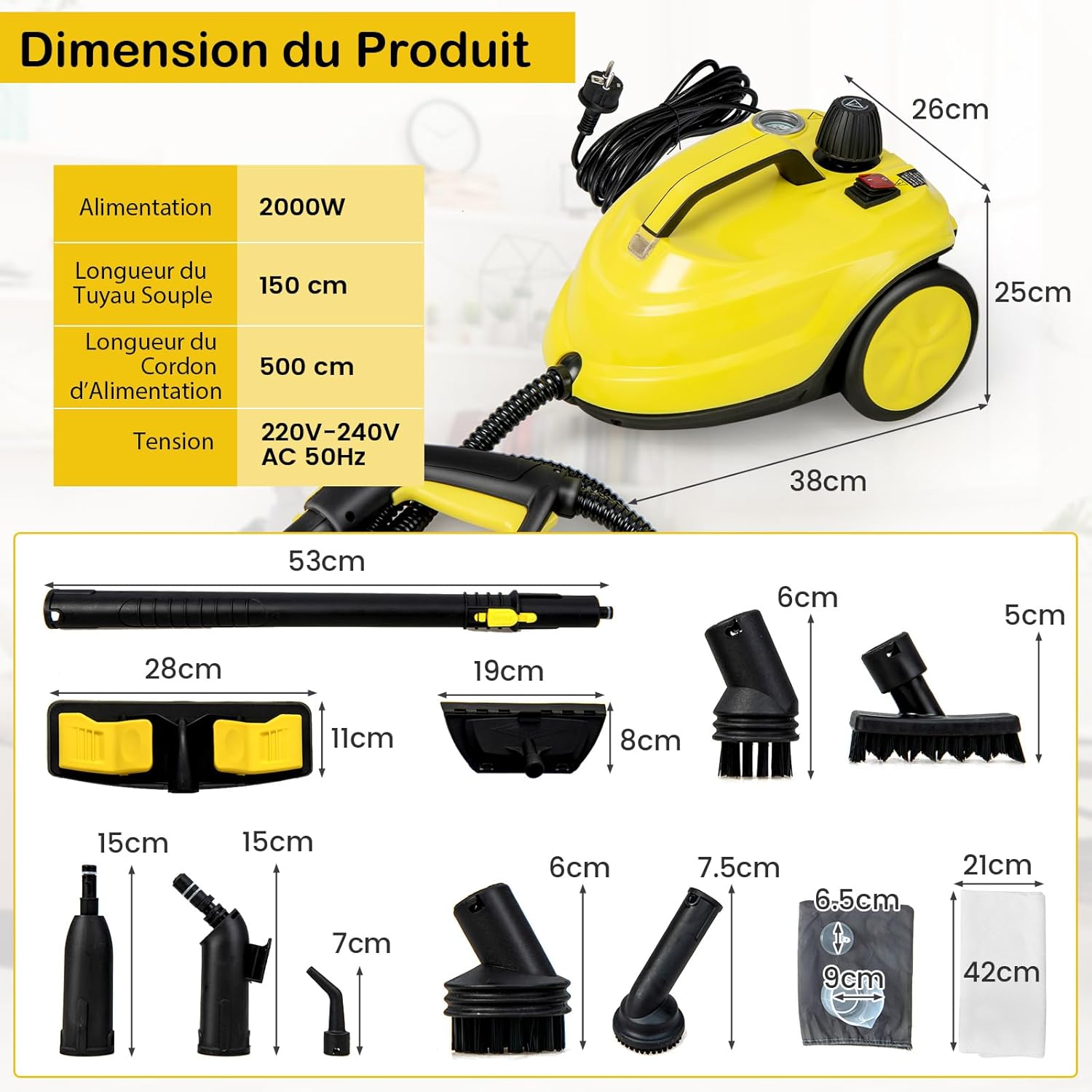 Versátil limpador a vapor de 2000 W, máquina de limpeza, limpador a vapor com reservatório de 1,8 L com 13 acessórios e manómetros, amarelo - 5