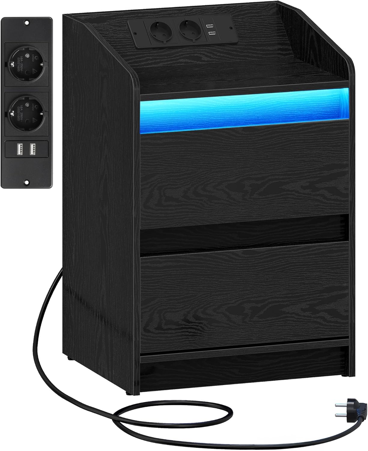 Stolik Nocny z oświetleniem LED, szafka nocna ze stacją ładującą i 2 szufladami, szafka nocna z portami USB i gniazdami zasilania, (Czarny, 1er Set)