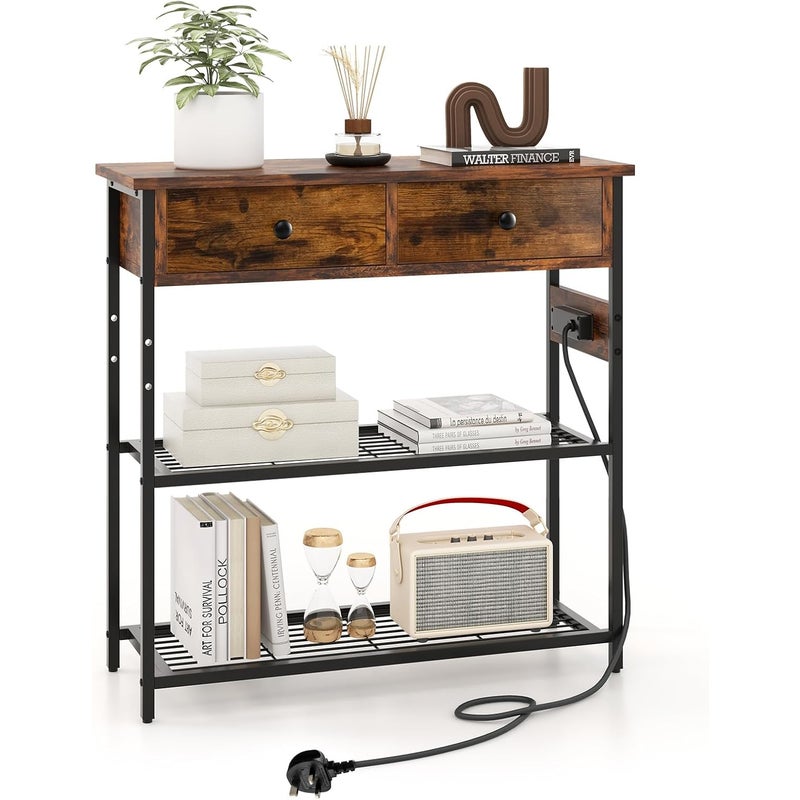 Wąski Stolik Konsolowy z Gniazdkiem, Mebel Konsolowy z 1 Portem USB, 1 Portem Typu C, Industrialny Stolik, 81 x 30 x 81 cm (Brązowy Rustykalny)