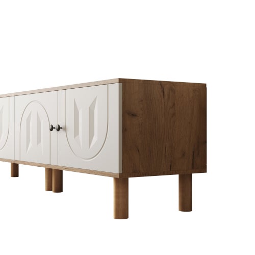 Mobile TV modulare a 3 pezzi con vetrine intagliate, mensole a muro e ampi contenitori in legno/bianco - 5