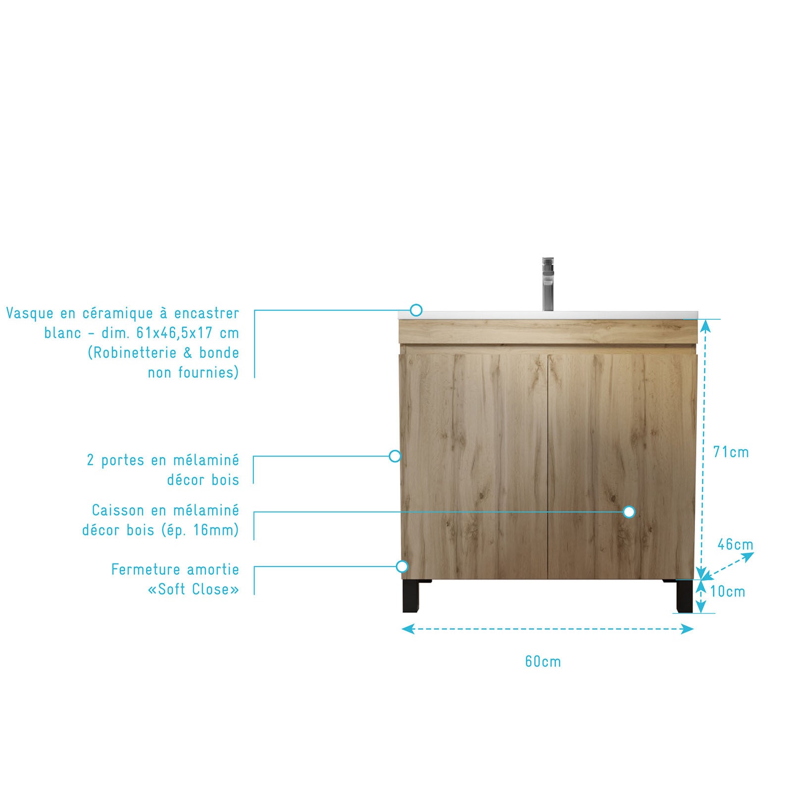 Meuble de salle de bains 60 cm TIMBER - Décor Chêne Naturel à portes avec Vasque céramique blanche - 4