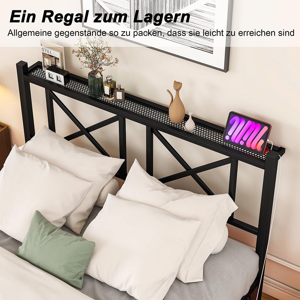 Rama łóżka podwójnego z oświetleniem LED i stacją ładującą z zagłówkiem, zawieszona rama łóżka, metal - 120 x 200 cm - 8