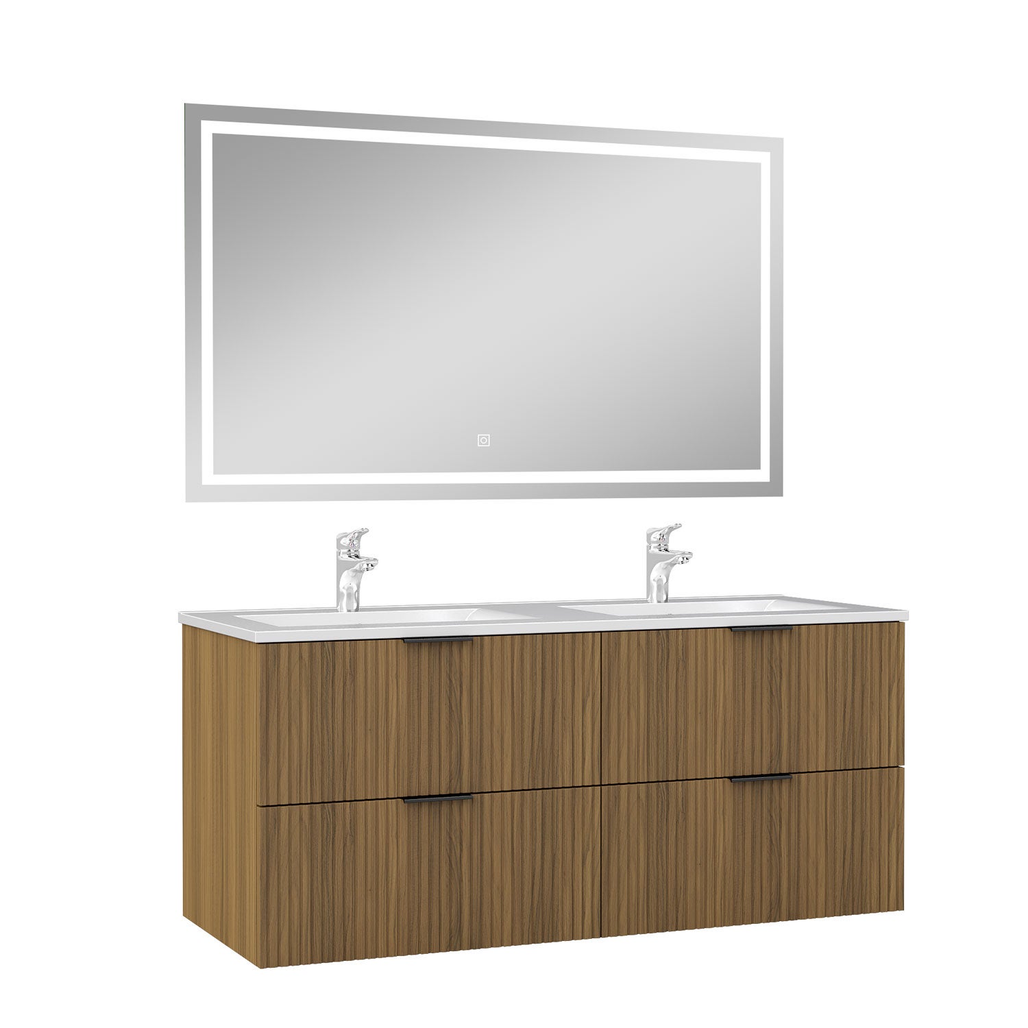 Ensemble Meuble Salle de Bain 120 cm Suspendu avec Miroir LED, 4 Tiroirs à fermeture douce, Double Vasque, Noyer Cannelé - 2