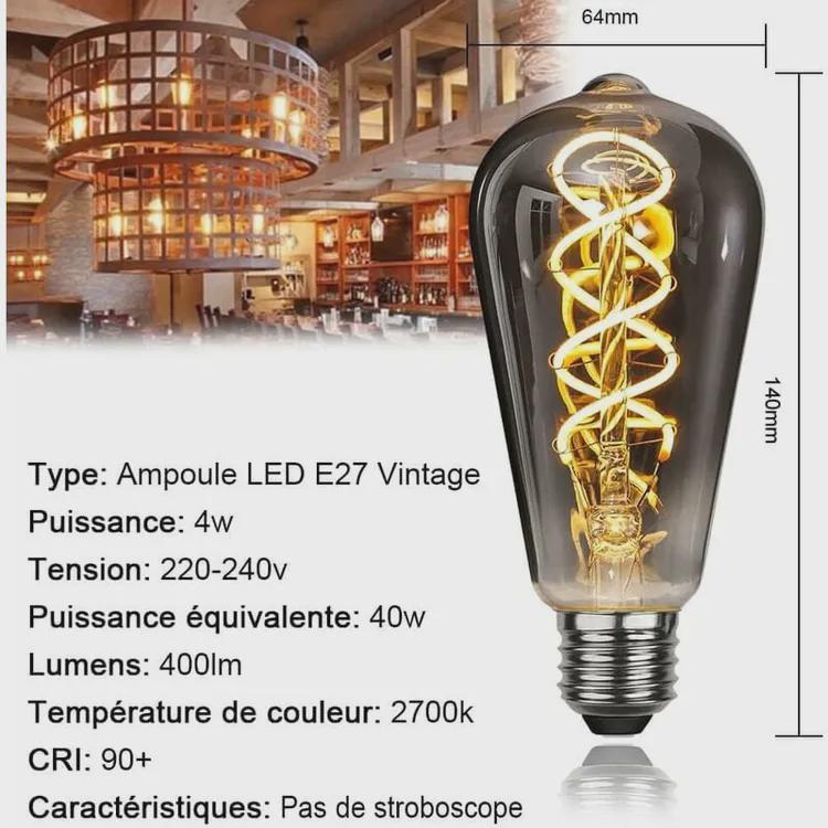 Ampoule LED E27 Vintage Blanc Chaud, Ampoule Vintage E27 Dimmable Spiral Filament 4W Lumière Douce, Ampoule E27 Vintage [Classe énergé - 2