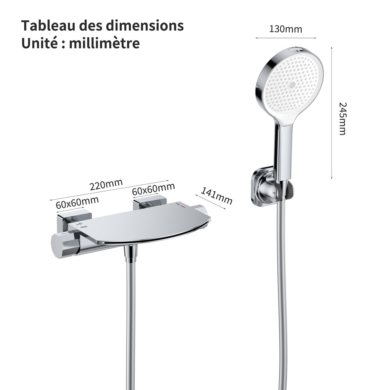 Mitigeur de Baignoire Cascade Extra-Large en Laiton avec Douchette 3+1 Modes et Étagère, Robinet Mural Chromé Grand Débit - 7