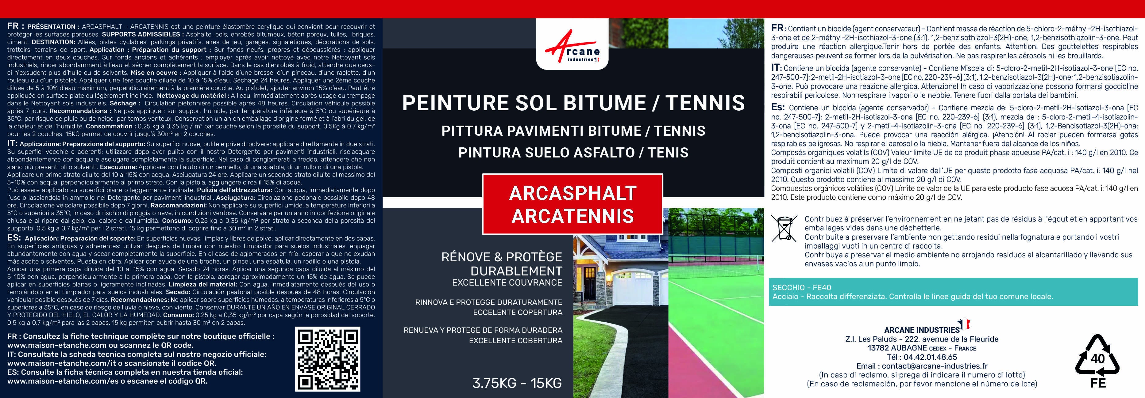 Peinture Bitume, Goudron, Enrobé - ARCASPHALT - 3.75 kg (jusqu a 7.5 m² en 2 couches) Marron Clair - ARCANE INDUSTRIES - 10