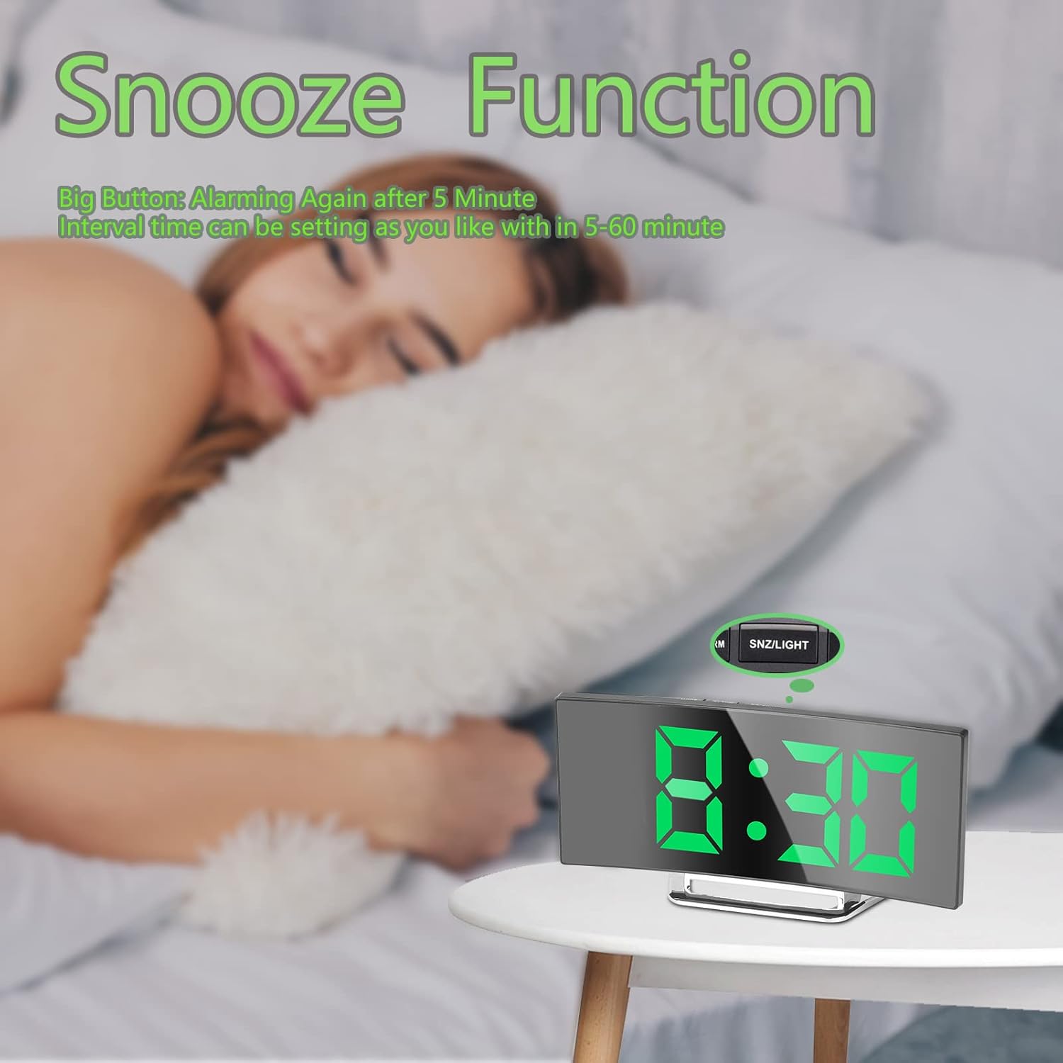 Réveil numérique pour chambre, écran miroir LED 7 pouces, 2 niveaux de luminosité, format 12/24 heures, température, date, veilleuse, fonction snooz - 3