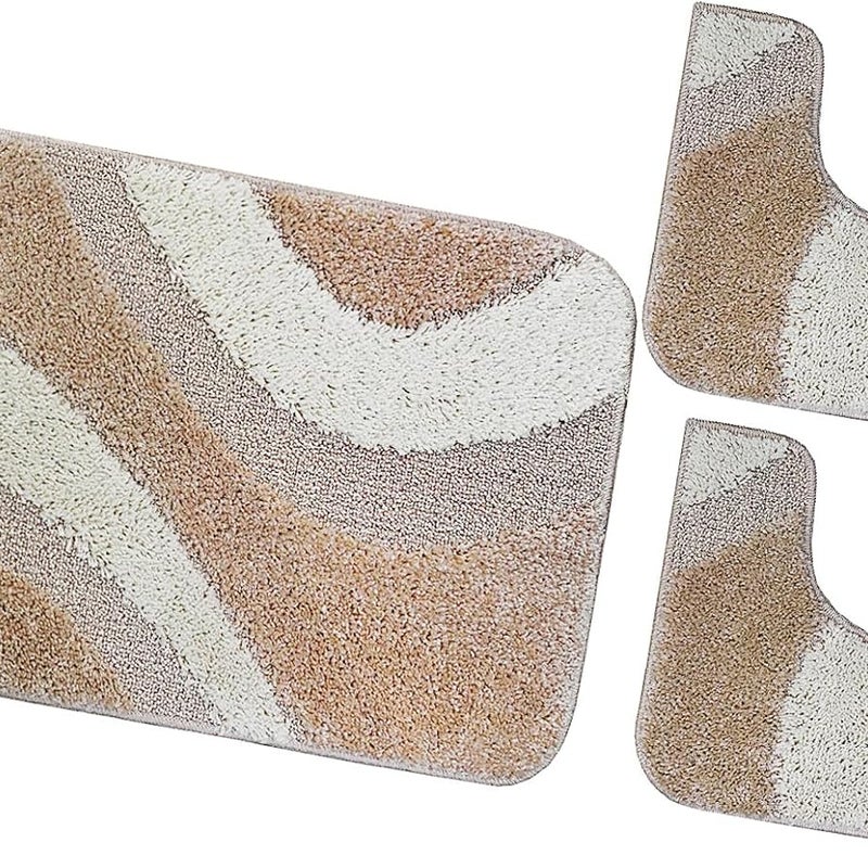 Zestaw 3 Beżowy Dywaników Shaggy 3D łazienkowych Girowater Miękki Chłonny Antypoślizgowy
