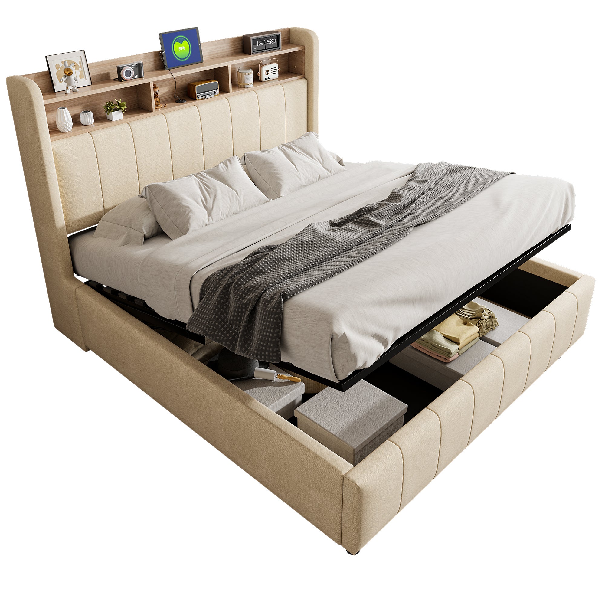 Lit coffre lit double 160 x 200 cm lit capitonné avec éclairage LED, prises USB et rangement, lin, beige - 8