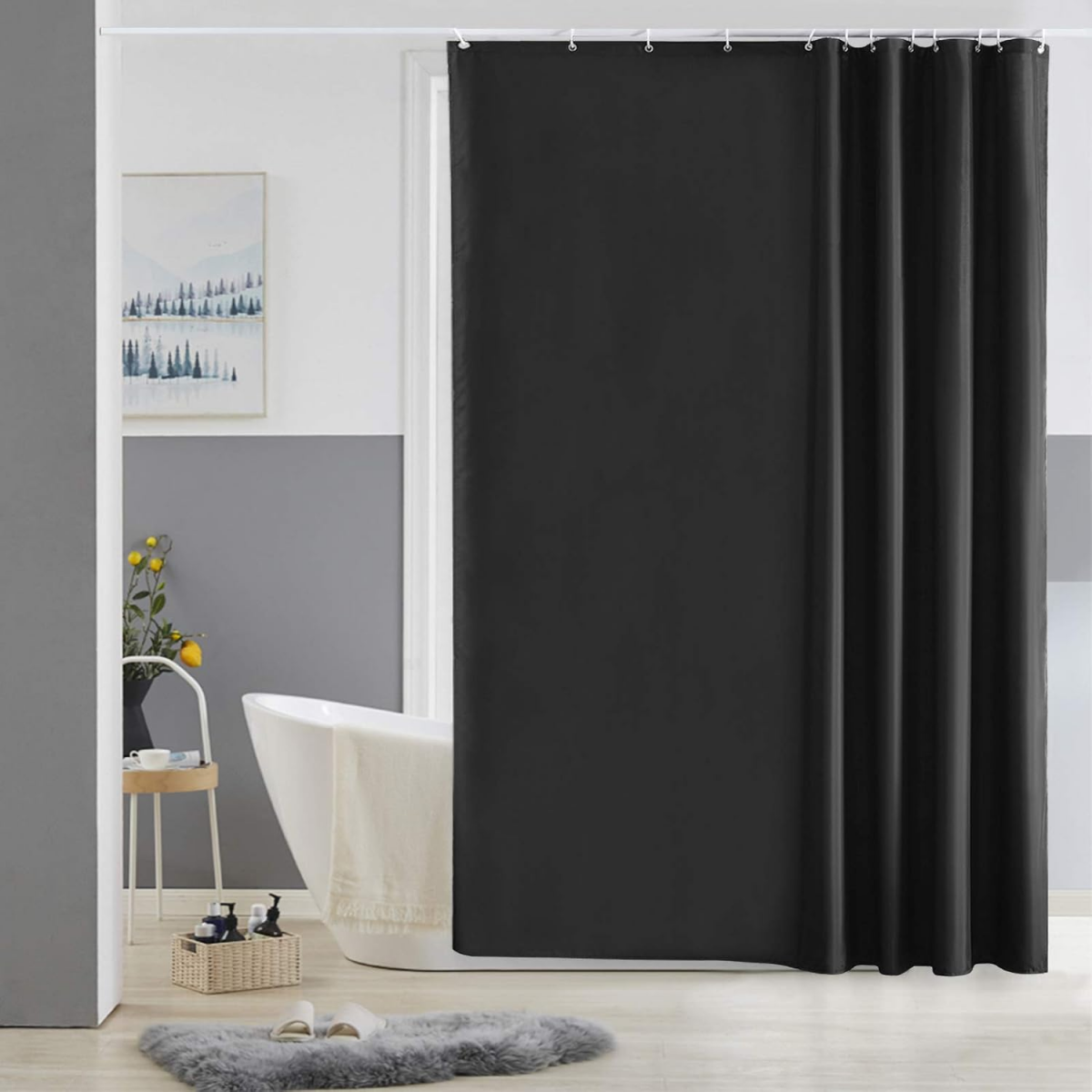 Zasłona prysznicowa wodoodporna, zmywalna i odporna na pleśń, z poliestru, z 12 haczykami, 240x200 cm, czarna