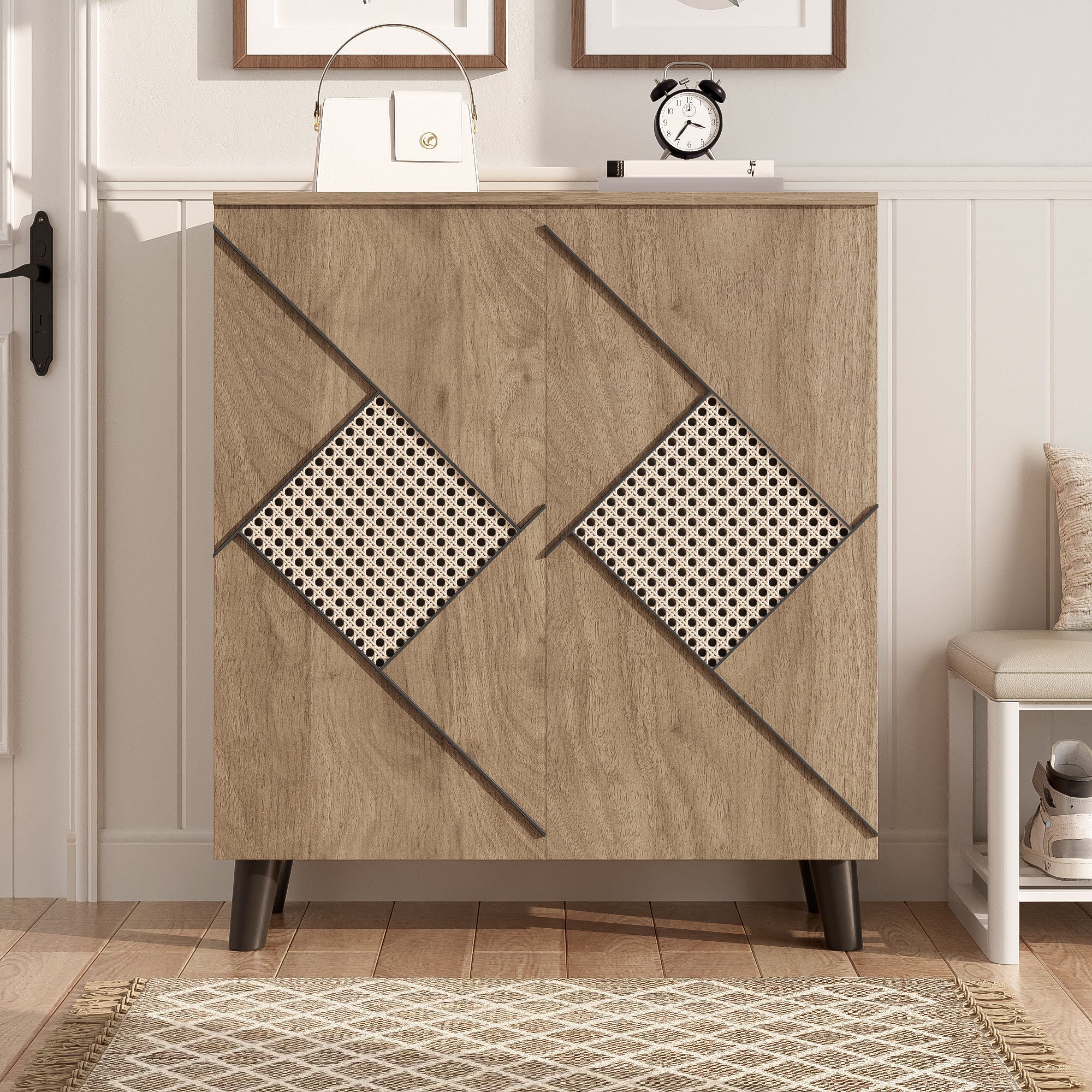Szafka na buty z 2 drzwiami imitującymi rattan - 80 x 32 x 91 cm - Płyta wiórowa i nogi z tworzywa PVC - Kolor drewna - 6