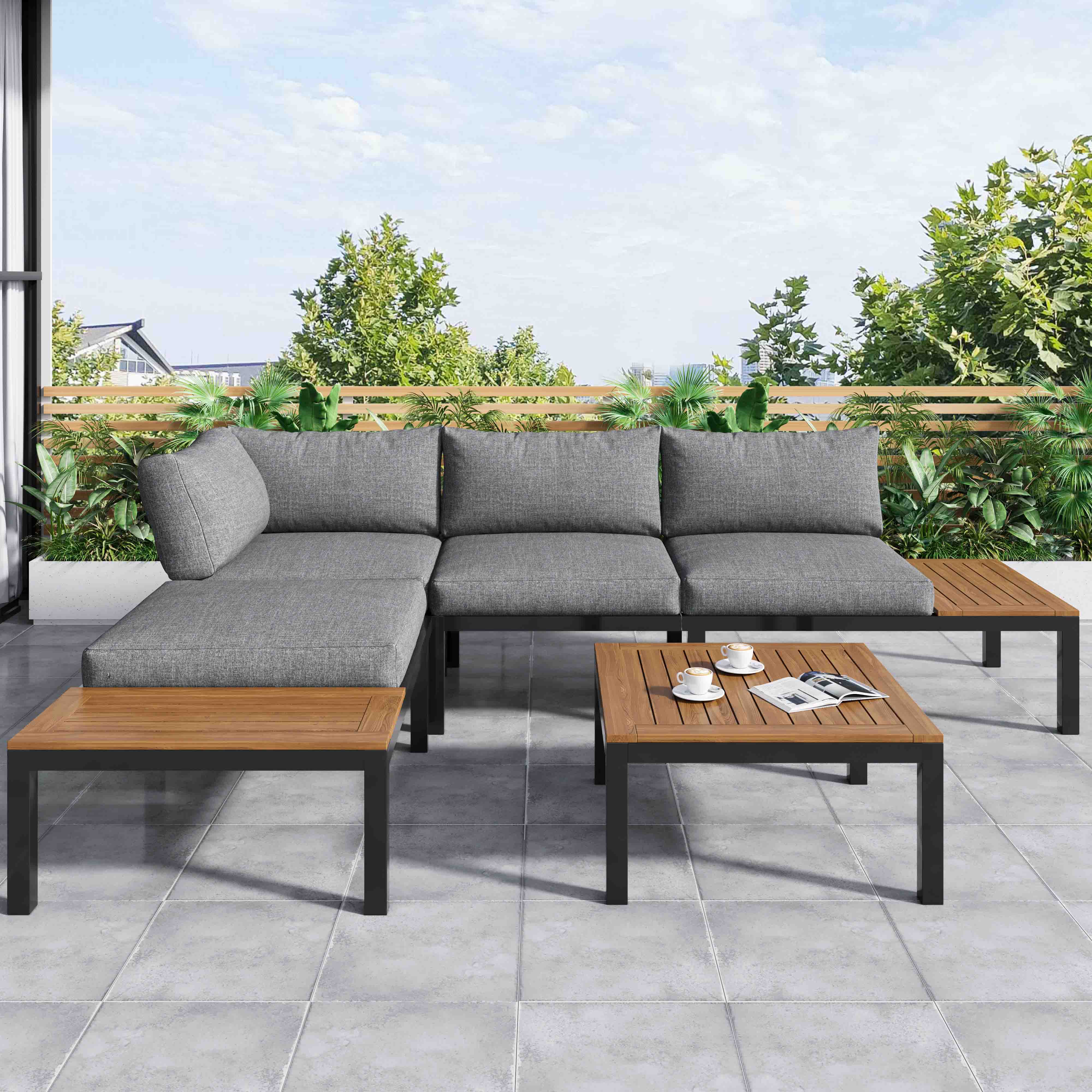 Salon de Jardin Moderne - Zestaw szarych sof ze stali ocynkowanej z drewnianym blatem, 5 szt.