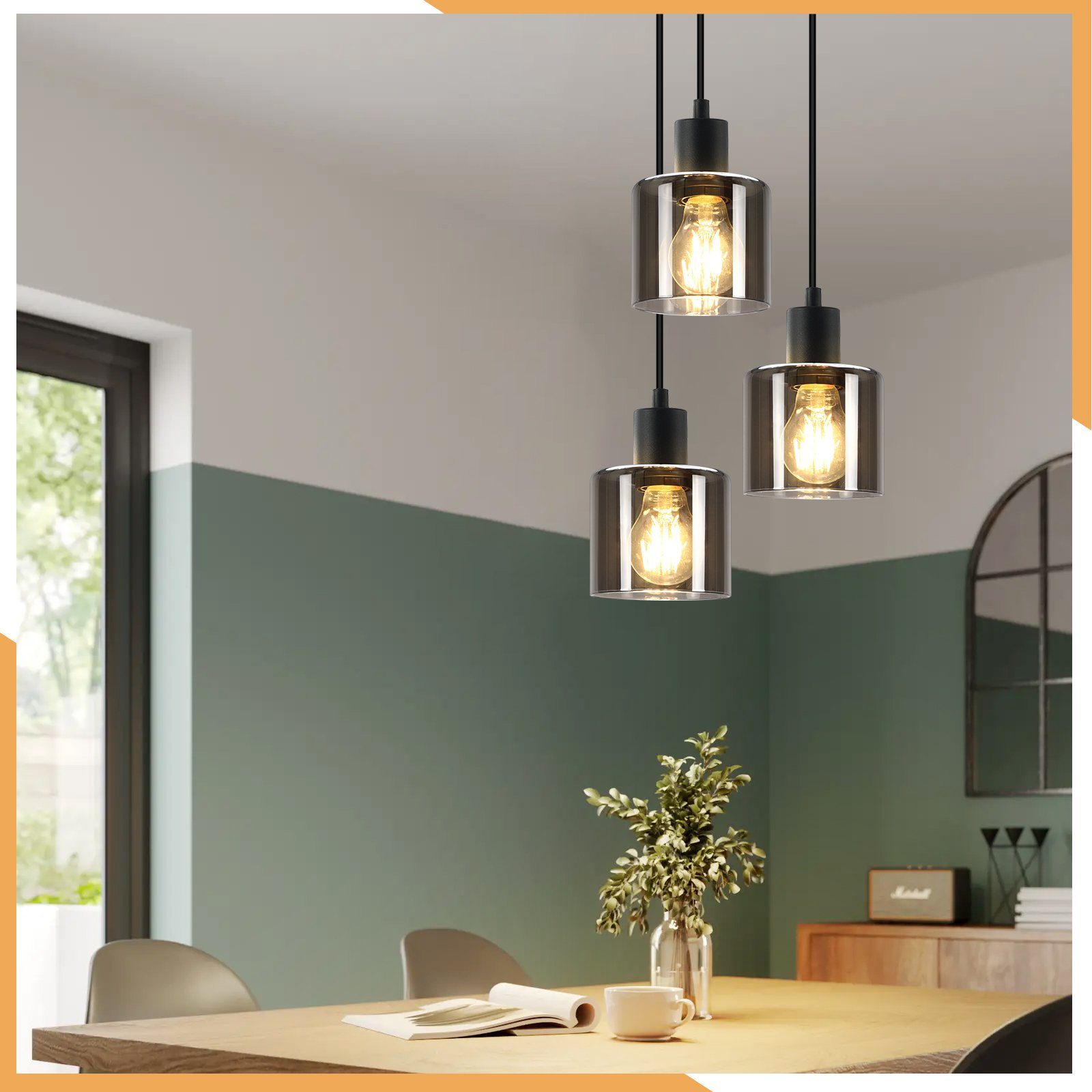 NETTLIFE Lámpara Colgante Vidrio Negro Diam.26cm E27 Sala de Estar 3 Bombillas Lámpara de Vintage Lámpara Industrial Regulable en Altura - 6