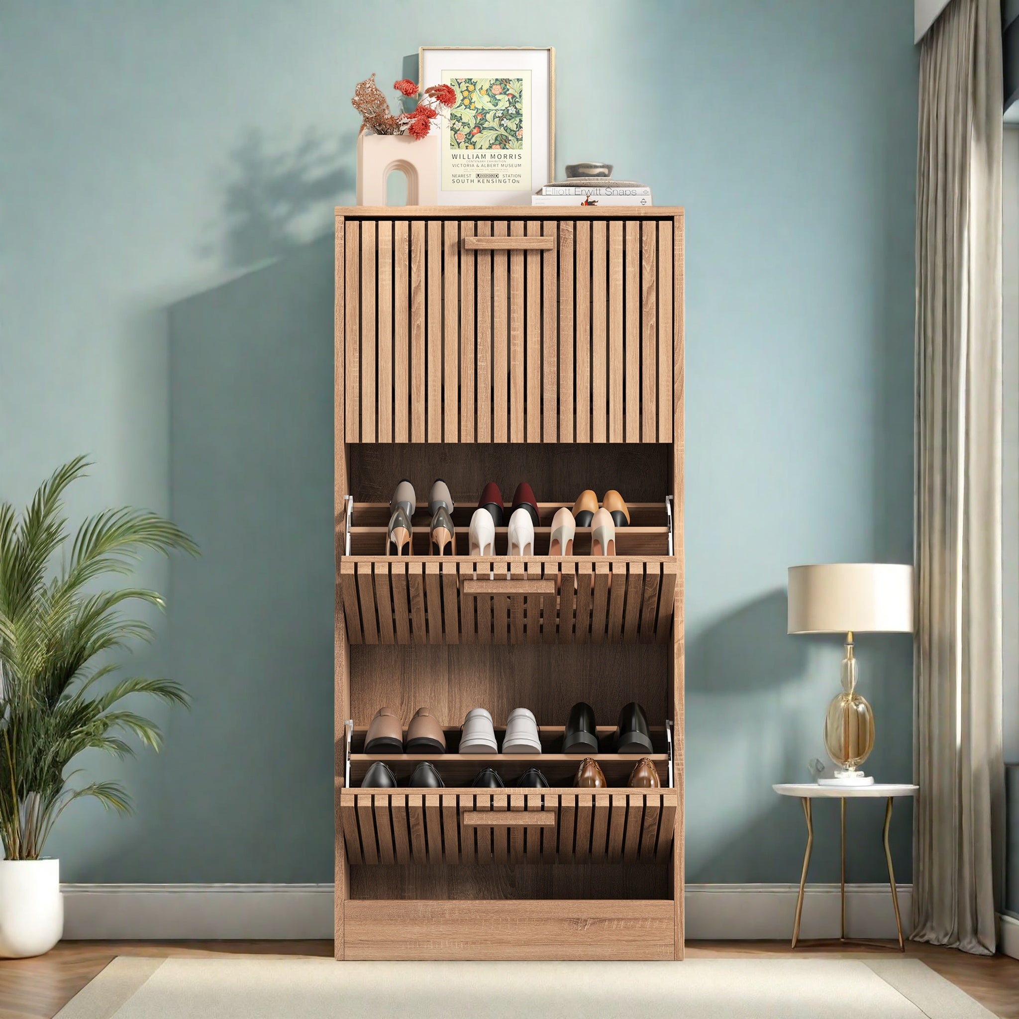 Meuble à chaussures étroit à tiroirs, avec 3 tiroirs à abattant, 60 x 24 x 113 cm, couleur bois naturel, Entrée, couloir, en bois - 2