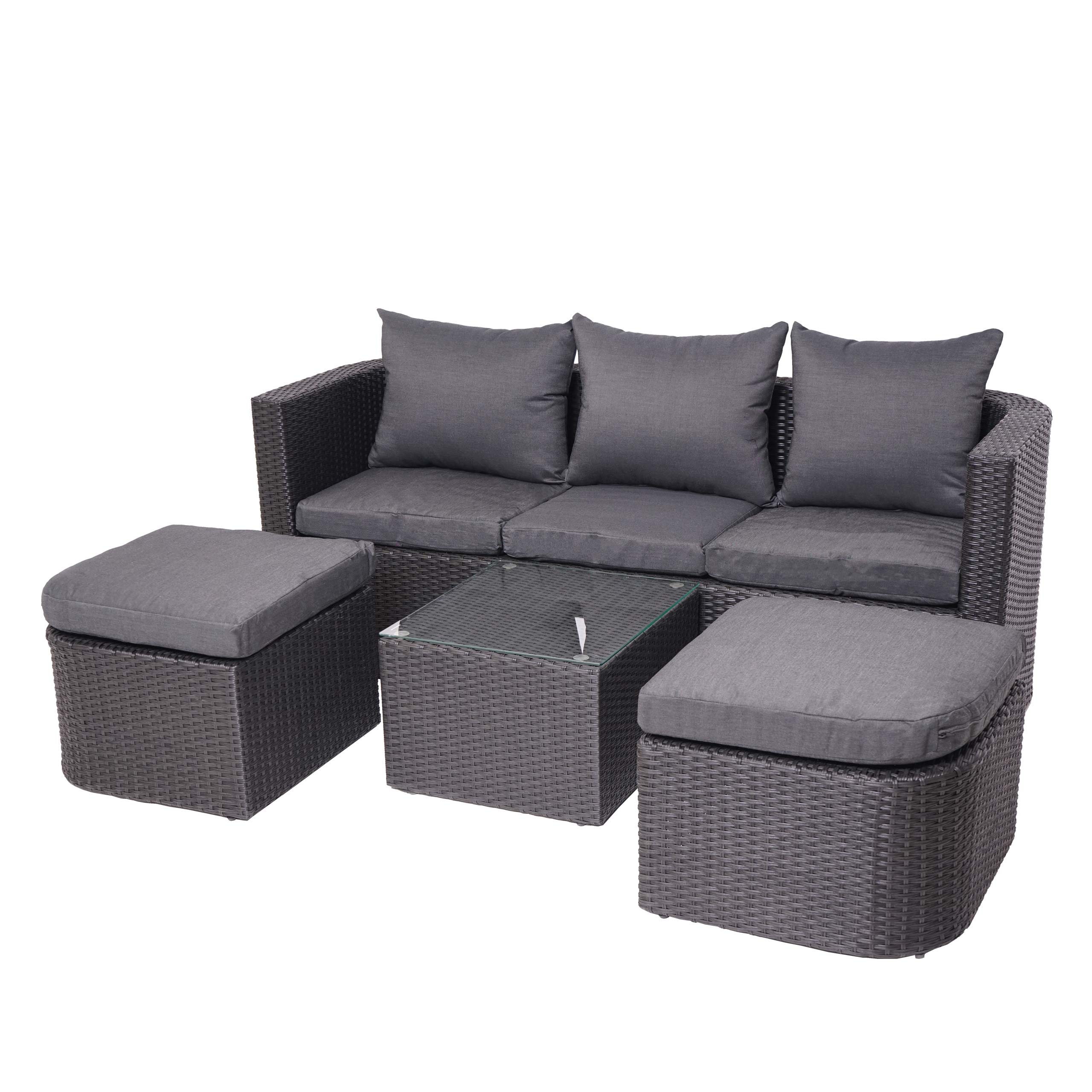 Zestaw 3w1 HWC-J37, zestaw ogrodowy/salonowy wyspa słoneczna, spun poly-rattan MVG ~ antracyt, ciemnoszare poduszki