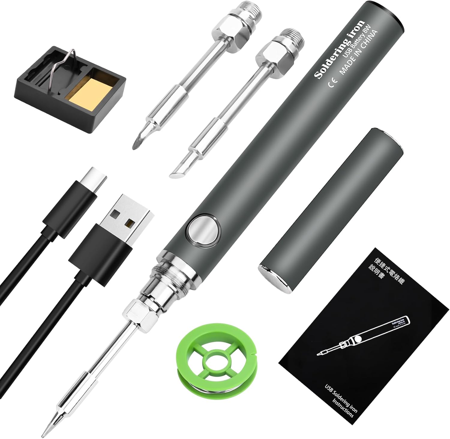 Zestaw lutownicy KKMOL, bateria USB, 3 temperatury (330-450 °C), 3 groty, podstawka, drut lutowniczy, profesjonalny i bezpieczny