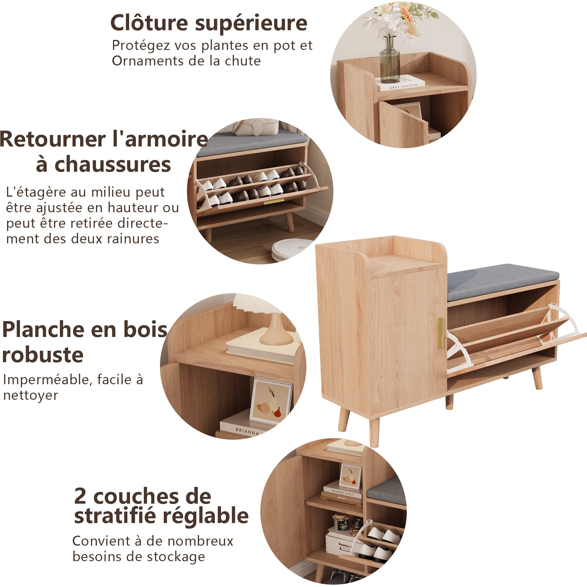 Meuble à Chaussures avec Banc Rembourré, 2 Casiers à Chaussures, Armoire Latérale et Étagère Ouverte - Style Nordique Bois Clair - 8