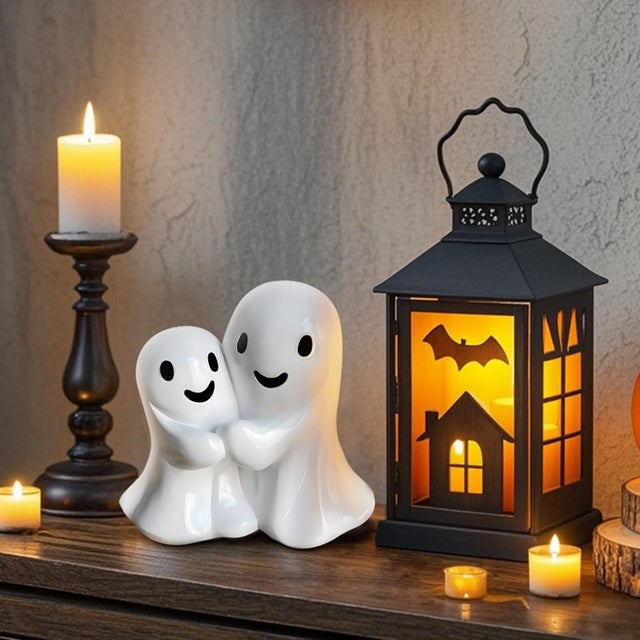 Estatueta fantasma fofa (1 peça) para Halloween, decoração de interior, escultura de dedo, arte humorística de escritório