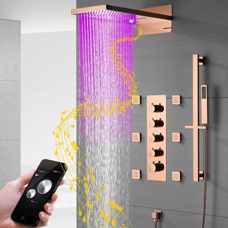Artisse  💡 Ducha Tipo Lluvia Mural Termostática Bluetooth, Musical, Pretty Oro/Rosa , Leroy Merlin