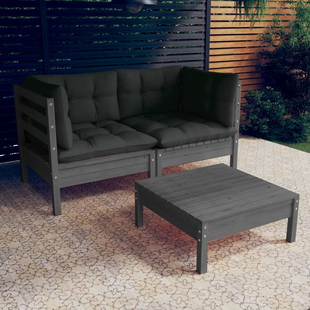 Salon de jardin 3 pcs avec coussins anthracite Bois de pin | Leroy Merlin