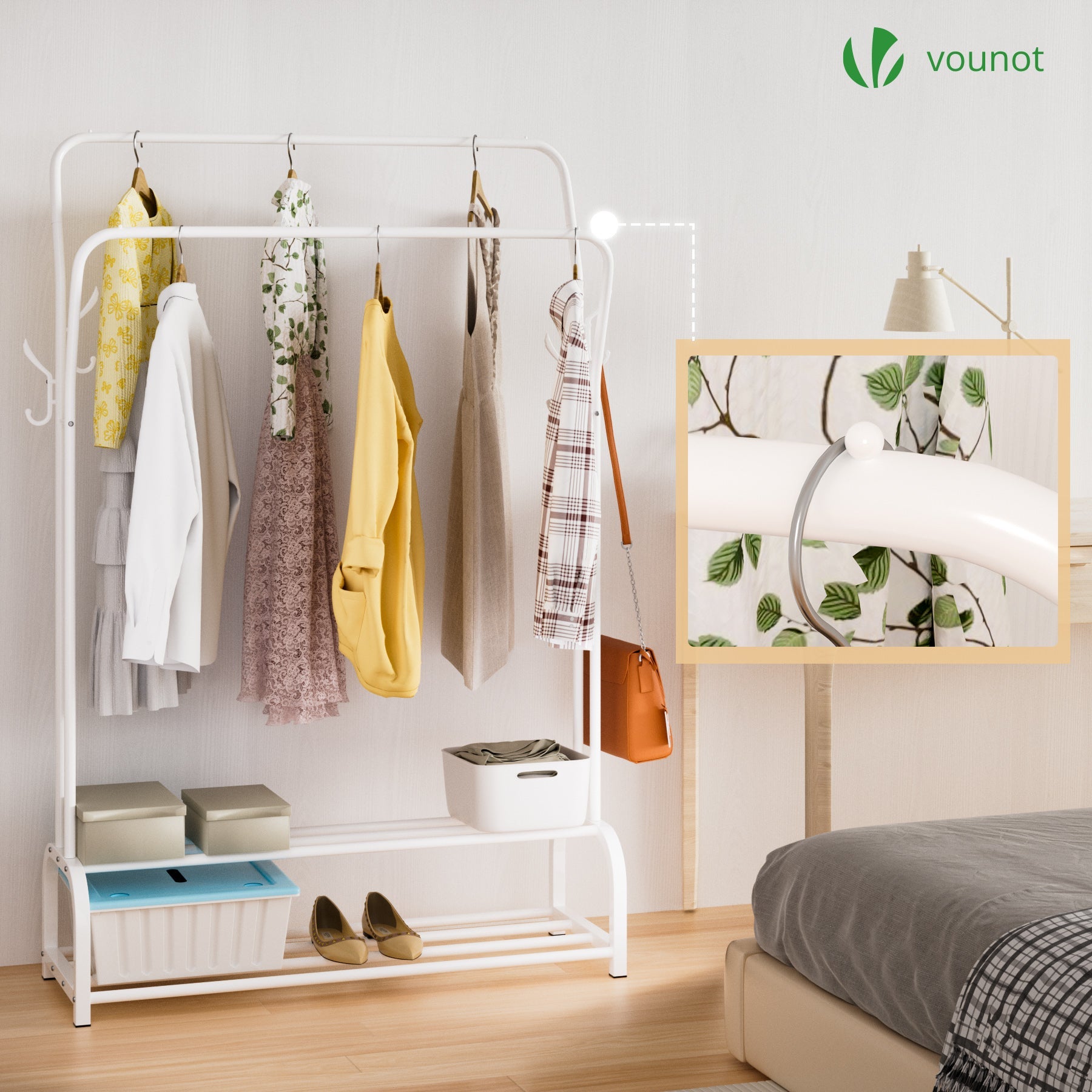Portant a vetement double avec 2 niveaux etageres chaussures 4 Crochets Lateraux 110x35x146cm metal Blanc VOUNOT® - 4