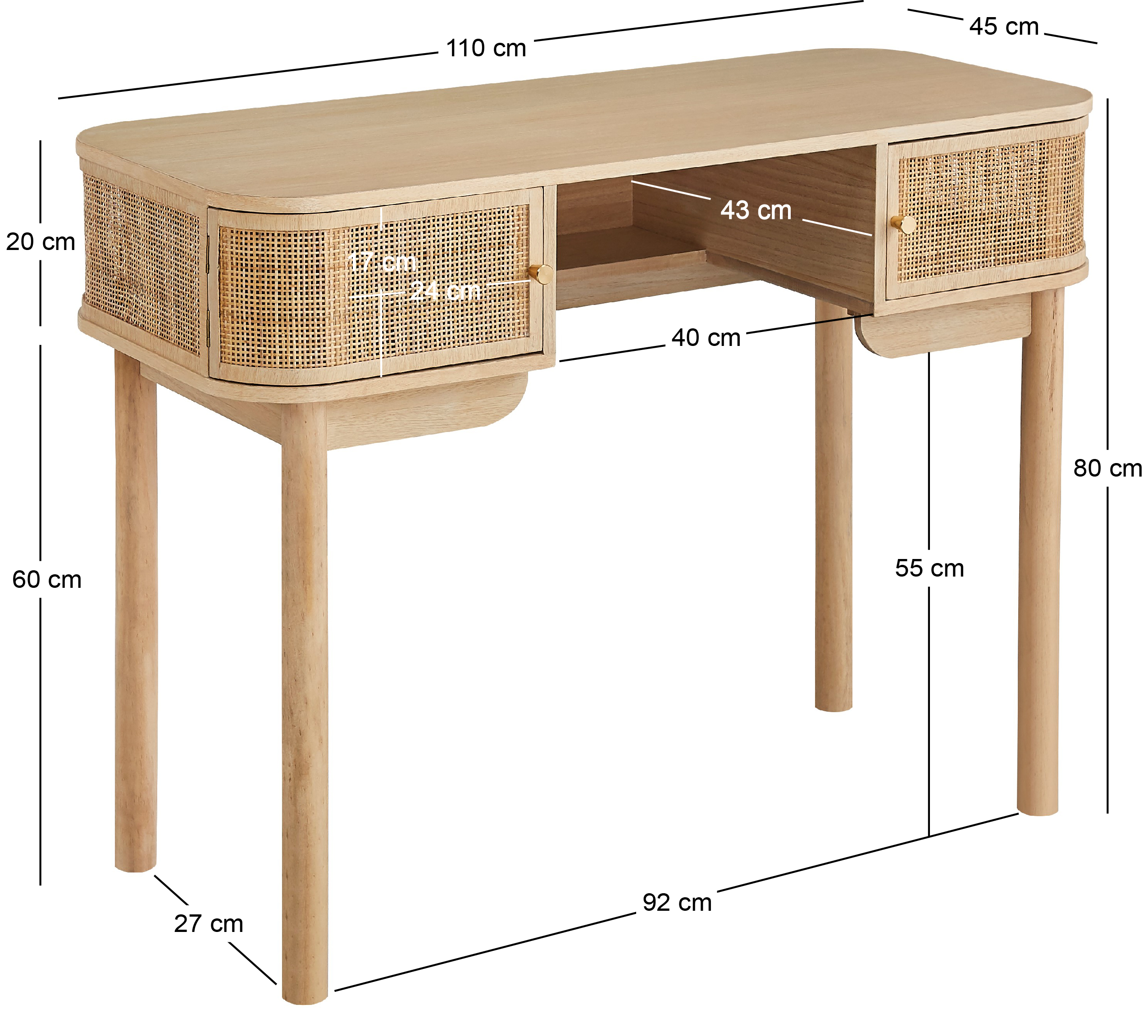 Nordlys - Bureau en Bois avec 2 Portes Rotin Marron - 5