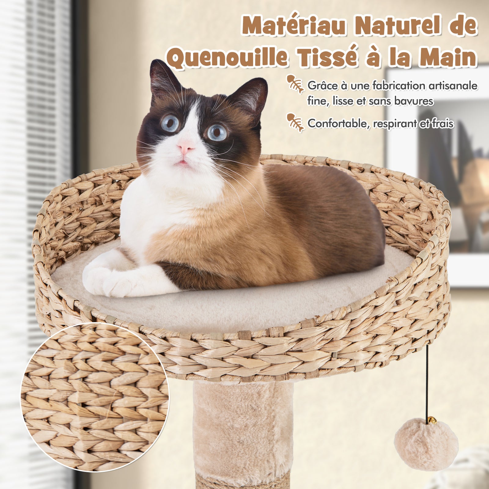 Arbre a Chat Bois 164 cm, 3 Griffoirs Chat en Jute, 5 Plateformes, Quenouille Tressée, Coussins Amovible, 2 Pompons, Tour pour Chat à 6 Étages - 4