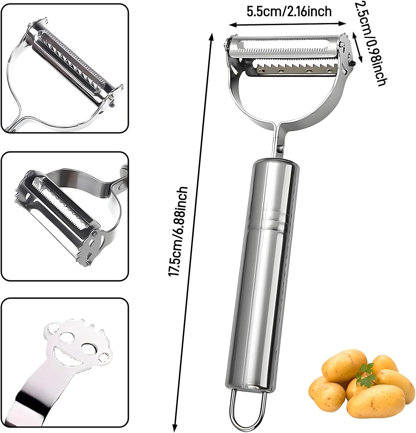 Neez Éplucheur Légumes 3 En 1 - Julienne, Tranchant & Micro-Dentelé, Poignée Antidérapante Multifonction Inox (Noir)