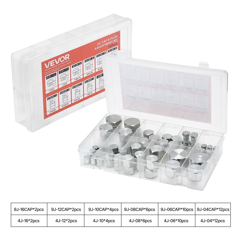 Zestaw złączek hydraulicznych VEVOR 72-częściowy z zatyczkami/korkami do węży hydraulicznych JIC 37°