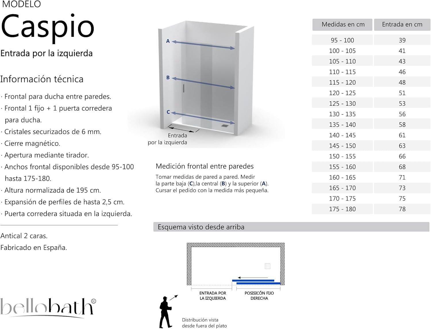 BELLOBATH - Mampara de Ducha Frontal Corredera + Fijo - Vidrio Templado 6mm Antical - Plata Brillo - Ancho 110 a 115cm - Puerta Izquierda -Alto 195cm - 5