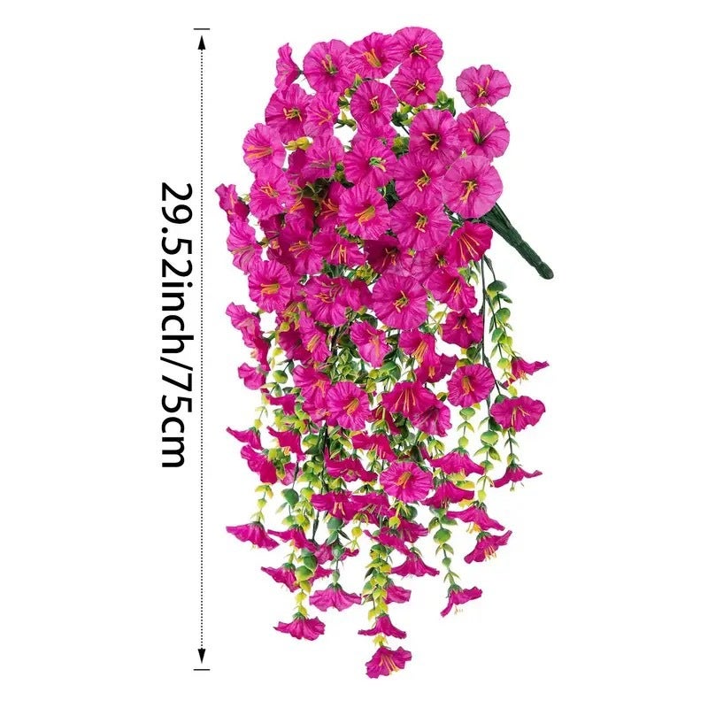 Paquete de 2 flores artificiales colgantes, ramo de campanillas artificiales, ideal para pared, rosa roja - 2