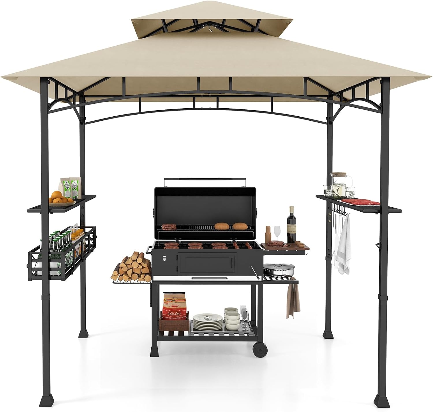 Pavilion pentru grătar 242x153cm cu 2 rafturi laterale, adăpost metalic pentru grătar tip coș, cu cârlige de suspendare și deschizător de sticle (bej)