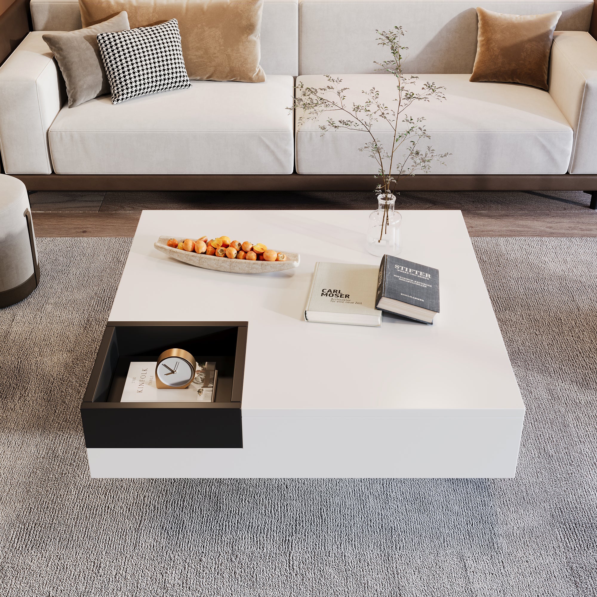 Tavolino quadrato 72x72x30 cm con scatola portaoggetti rimovibile, in MDF, bianco - 5