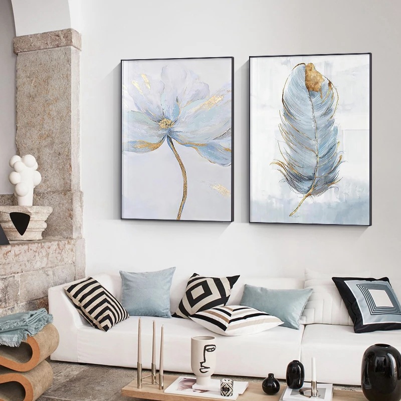 Lot de 3 affiches de plumes de style nordique avec fleurs bleues, images d'art mural, images décoratives, 30 x 40 cm – sans cadre - 6