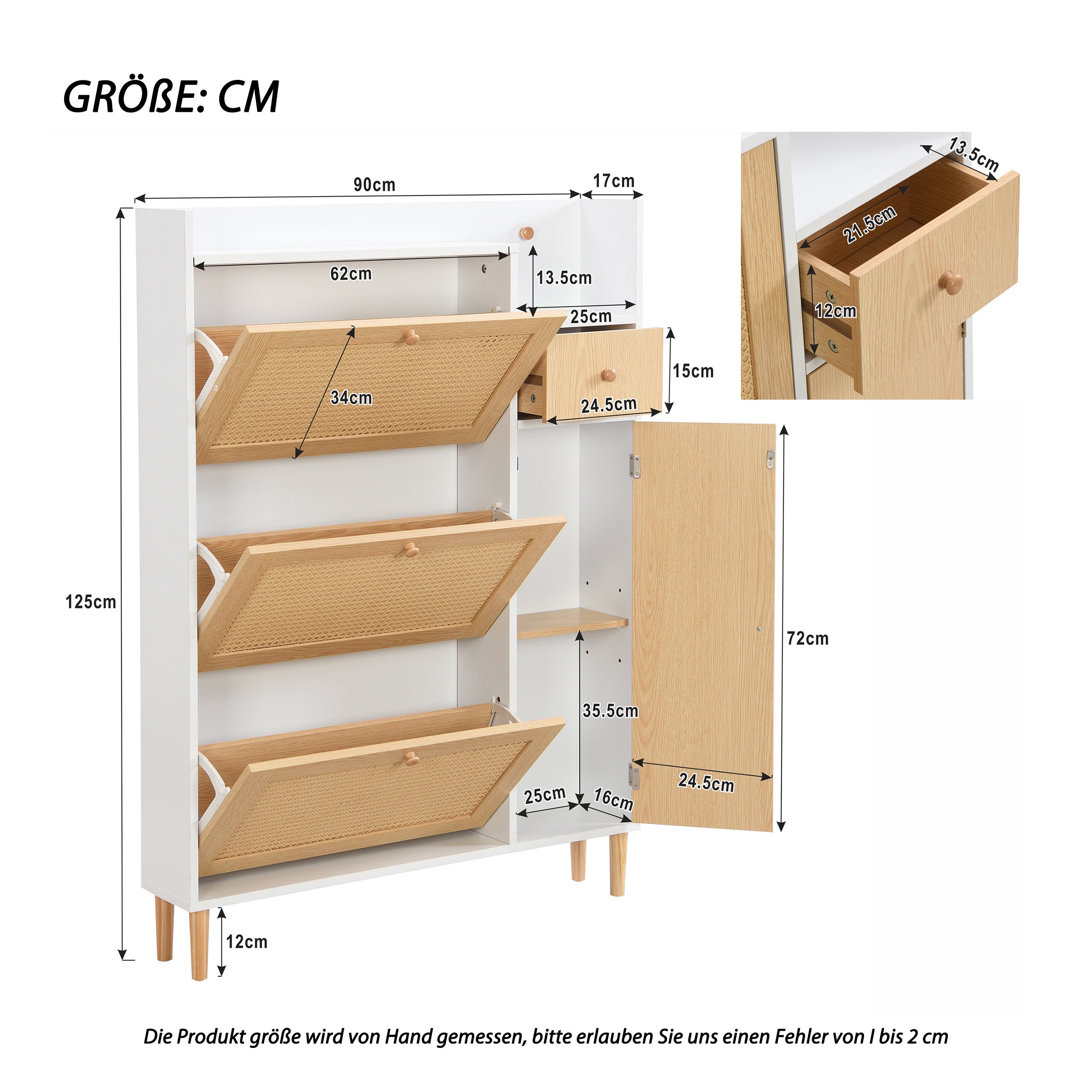 Scarpiera in legno e rattan - 3 ante a ribalta e 1 cassetto - ripiano regolabile - Naturale e Bianco - 8
