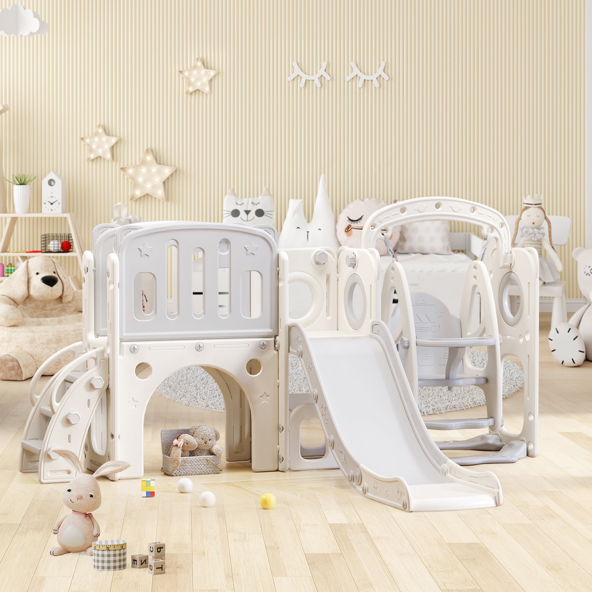 Double Toboggan pour Enfant 7 en 1, Toboggan extérieur et intérieur, avec Télescope, Double Toboggan et Échelle d'escalade, Aire de Jeux intérieure et extérieure (Vert+Jaune-2
