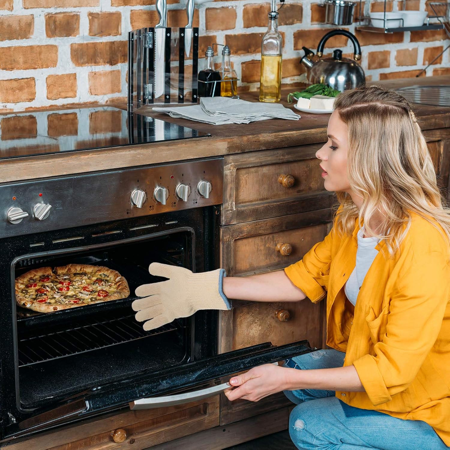250°C Gant Anti Brulure Cuisine Gant Four Anti Chaleur Gant Barbecue Intérieur et Extérieur Coton Tricoté Épais pour Four Friteuse à Air Haute Tempéra - 4