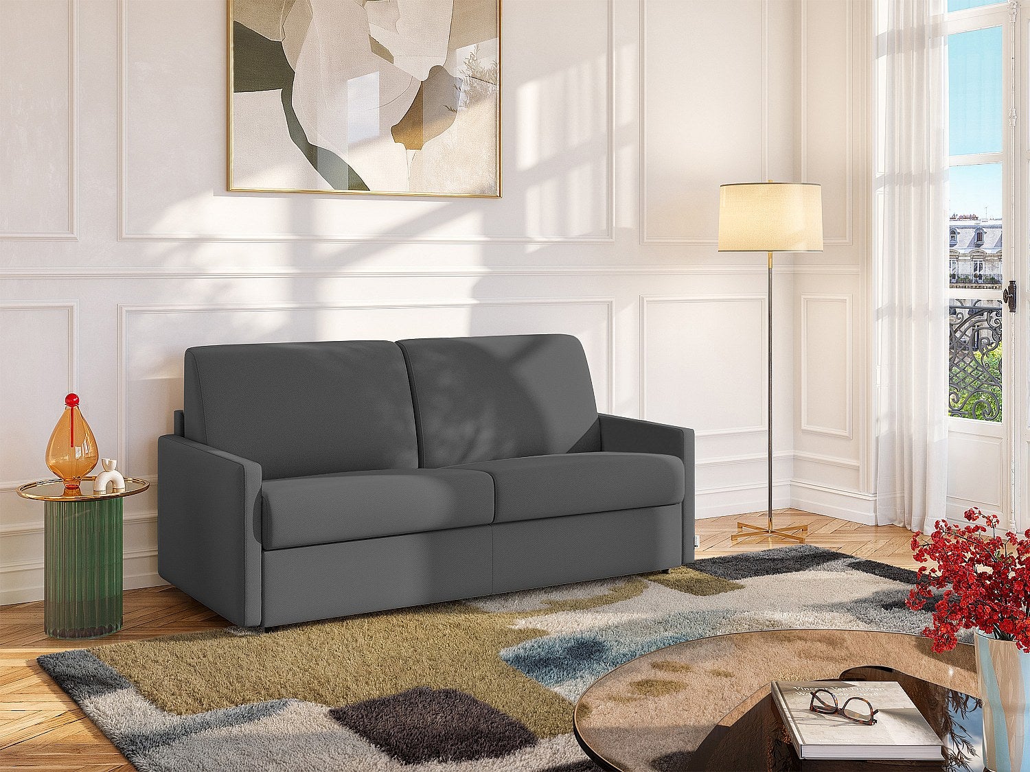 Kanapa 3-osobowa rozkładana typu express z tkaniny - Szary - Pow. spania 140 cm - Materac 18 cm CALIFE
