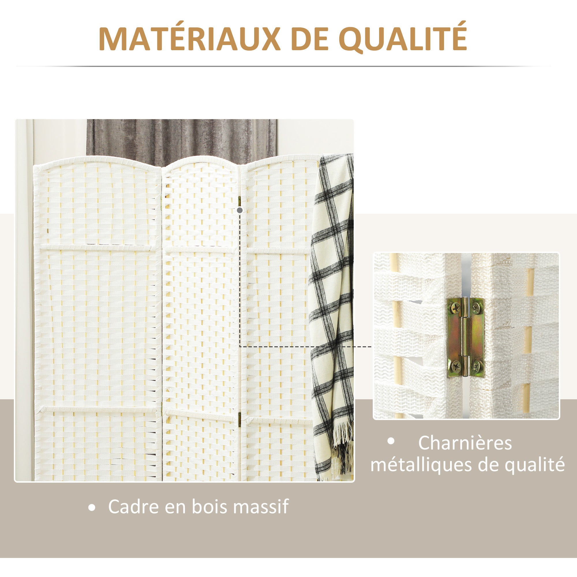 Paravent intérieur bois 4 panneaux 160x170 cm séparateur pièce pliable salon chambre blanc - 8