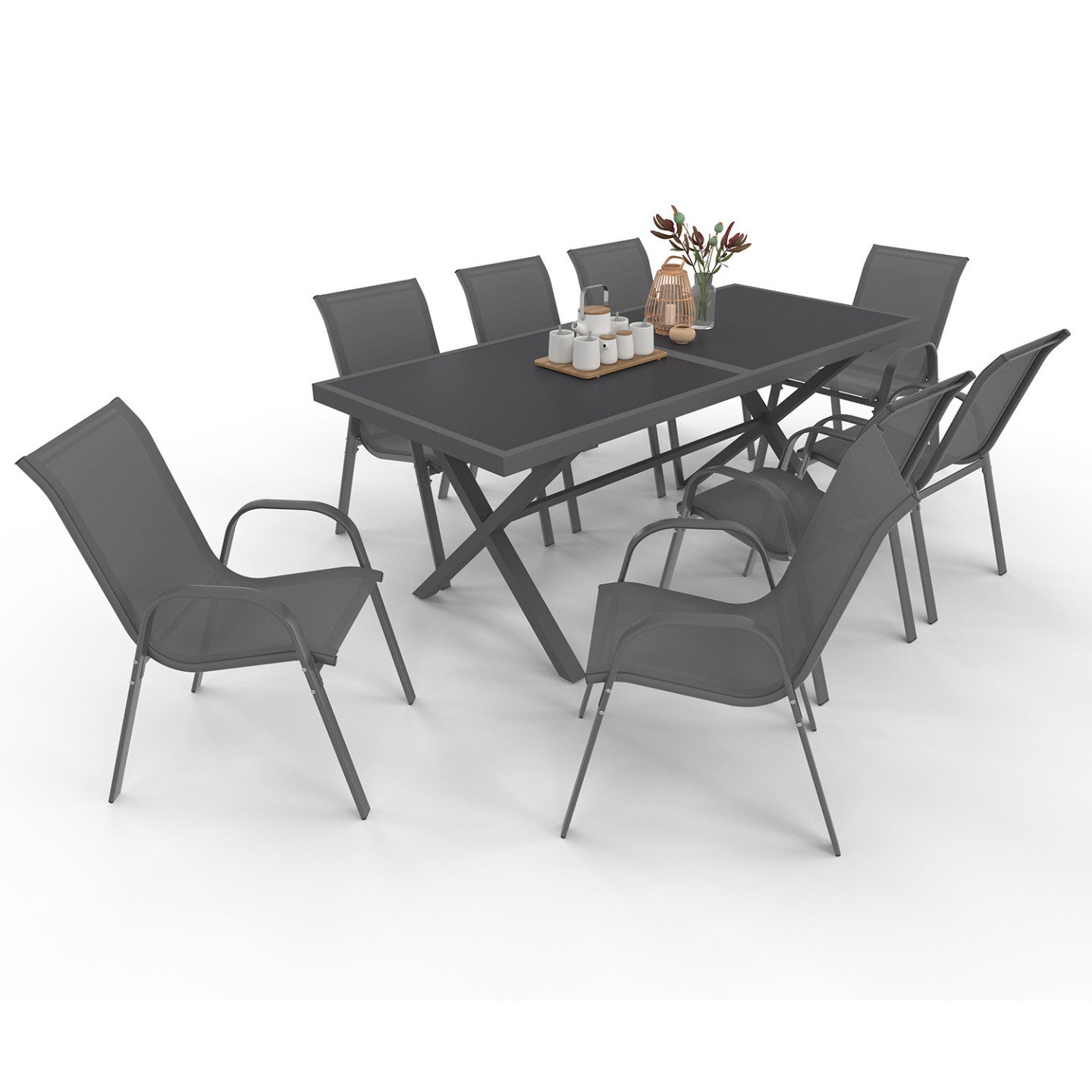 Salon de jardin SANTORIN table 190 cm pieds en croix et 8 chaises empilables gris anthracite - 2
